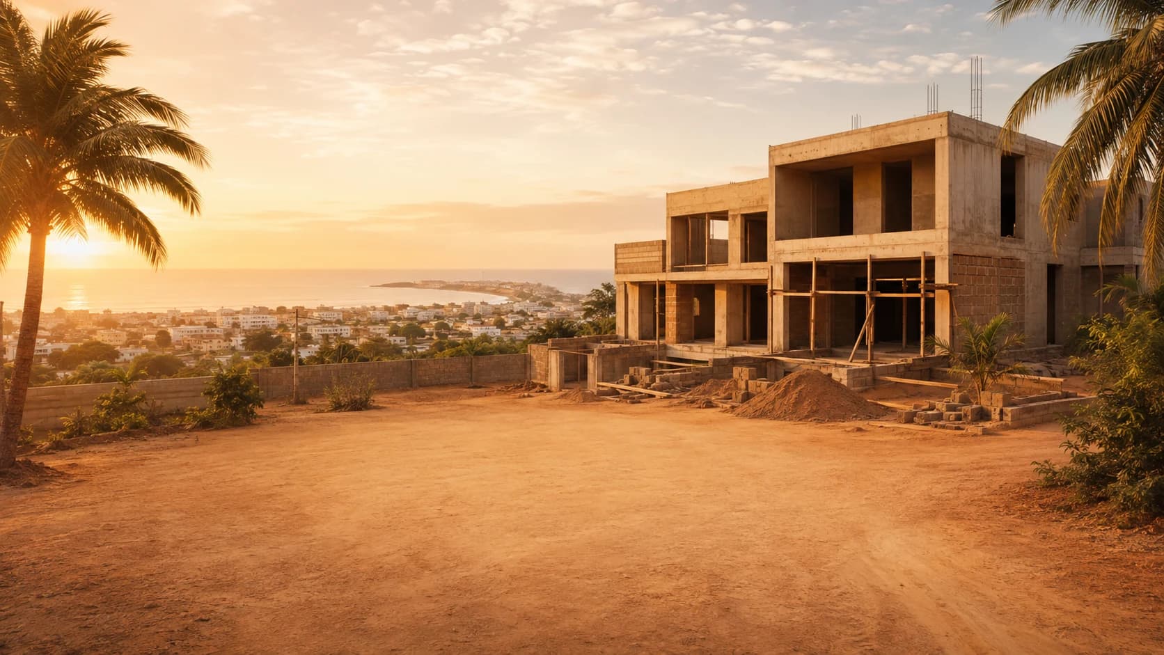 Chantier de maison au Sénégal, entre ville, littoral et palmiers